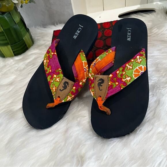 NEW J. Crew Preppy Seahorse Orange Pink Sunrise Retro Floral Flip Flops 6 NWOT - Picture 7 of 12